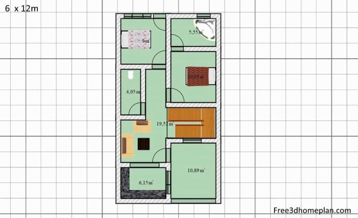 Denah rumah 6x12 memanjang