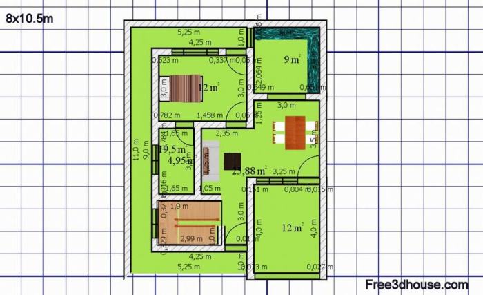 Denah rumah 8x10 3 kamar tidur