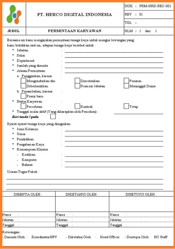 Formulir Permintaan Karyawan menurut K3