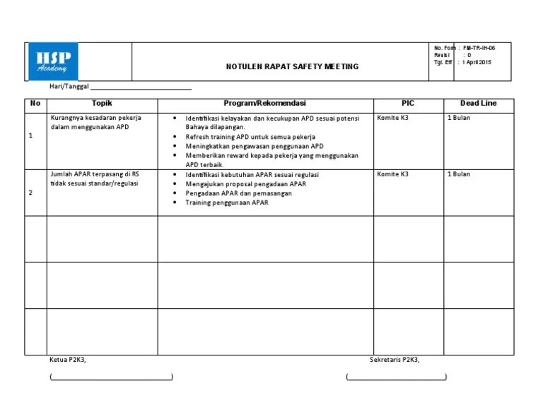 Formulir Notulen/Risalah Pertemuan P2K3
