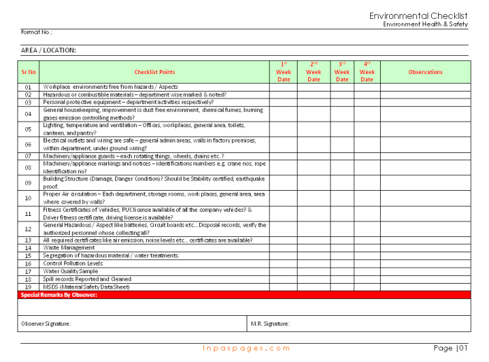 Contoh Format Formulir Checklist Inspeksi K3 Lingkungan