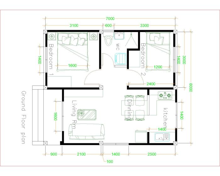 Denah rumah 6x7 2 kamar