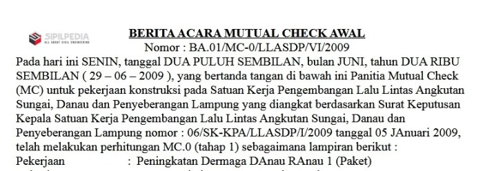 Contoh format mutual check mc 0 proyek xls